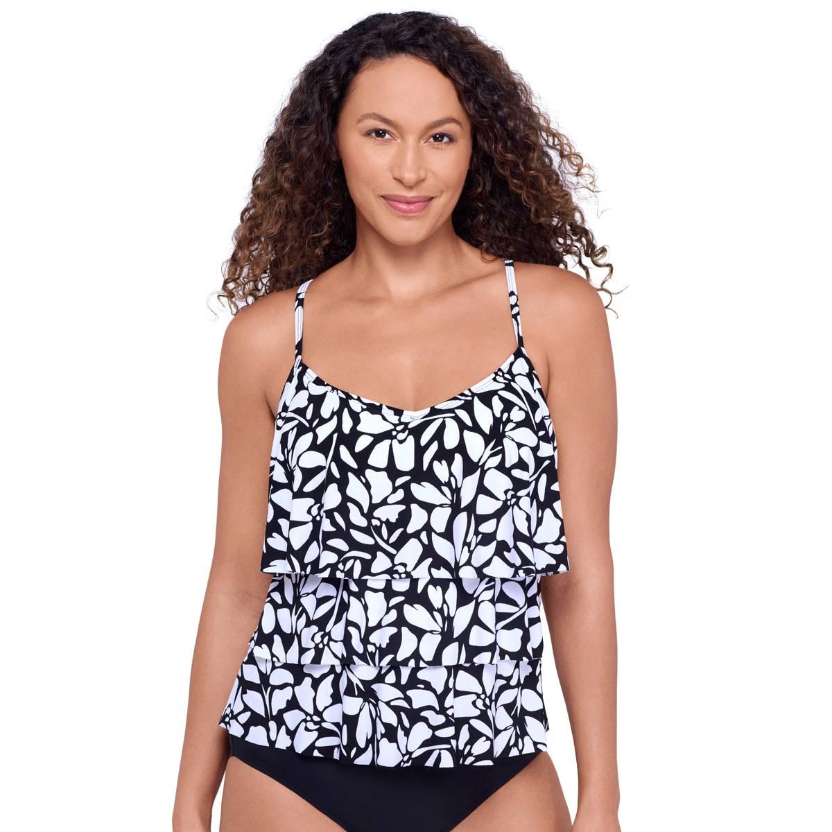 Womens American Beach Shadow Floral V Neck Triple Tier Tankini