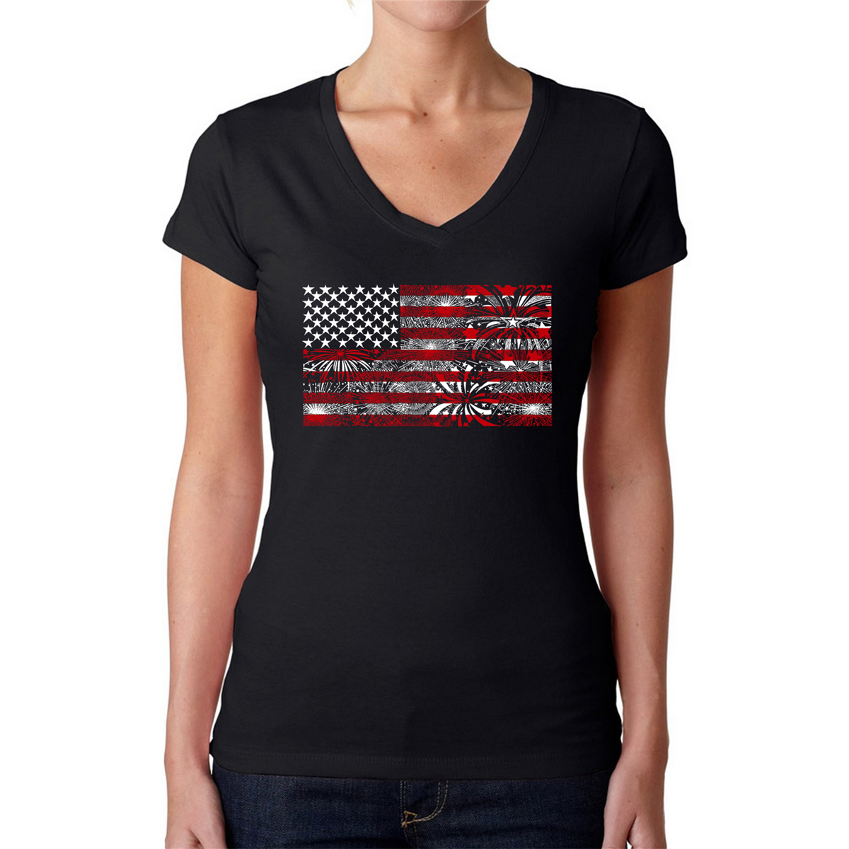 Womens LA Pop Art Fireworks American Flag Word Art V-Neck T-Shirt