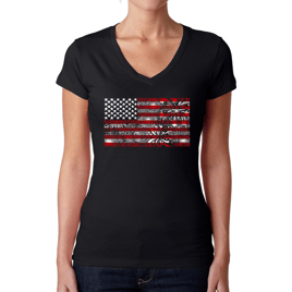 Womens LA Pop Art Fireworks American Flag Word Art V-Neck T-Shirt