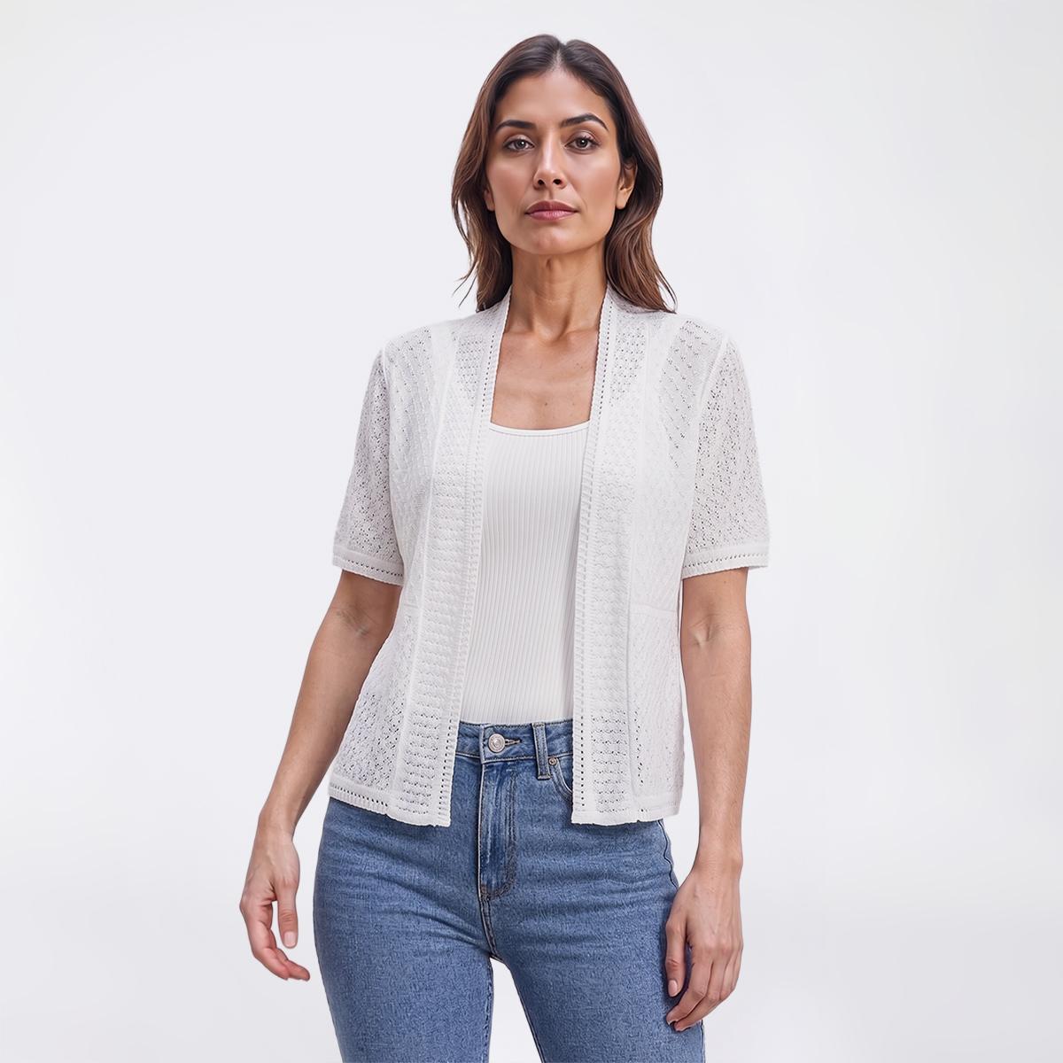Womens Perceptions Short Sleeve Solid Novelty Stitch Shrug