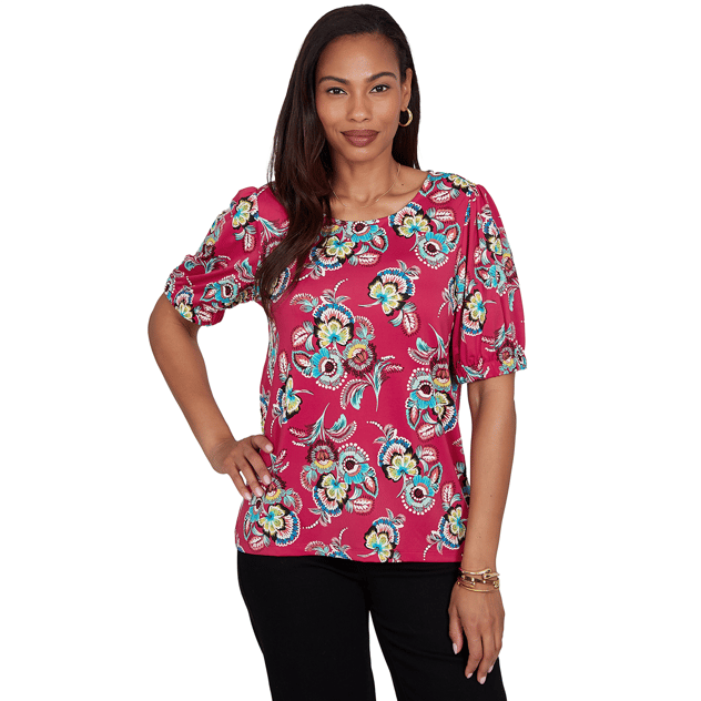 Womens Ruby Rd. Tropical Noir Puff Sleeve Etched Floral Blouse