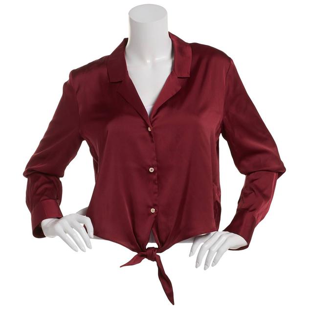 Juniors A. Byer Satin Button Front Crop Tie Front Blouse