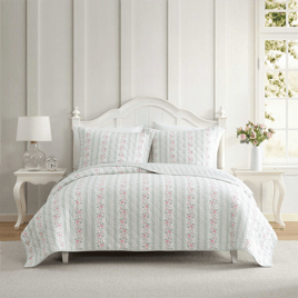 Laura Ashley Rosebud Stripe Reversible Reversible Qulit Set