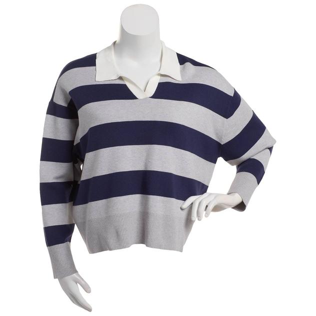 Juniors Plus No Comment Long Sleeve Polo Stripe Sweater
