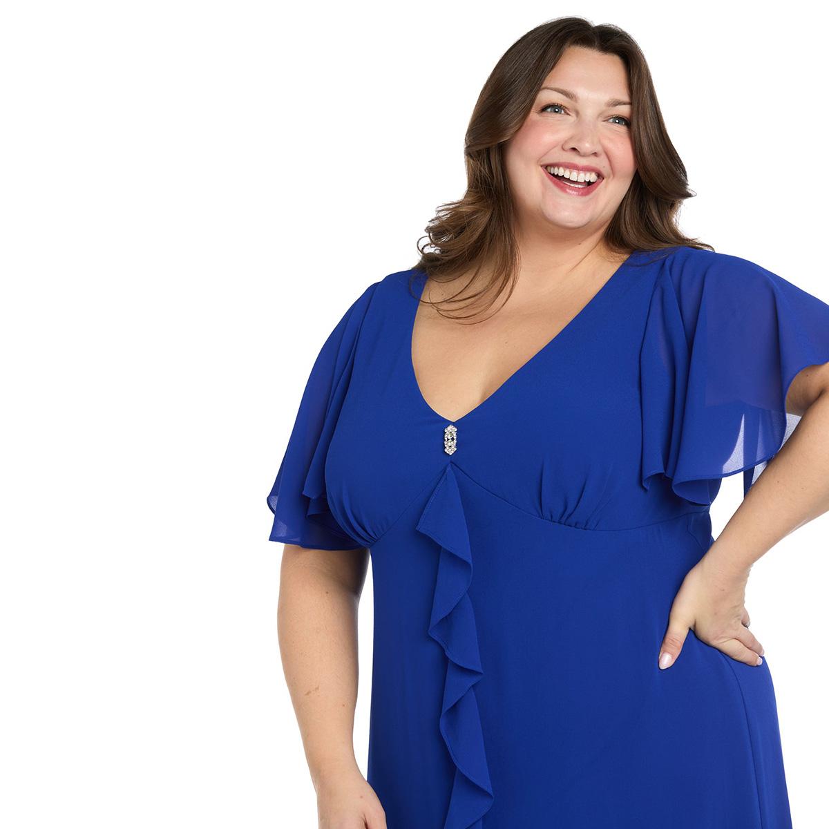 Plus Size R&M Richards Short Sleeve Ruffle Tiered Evening Gown