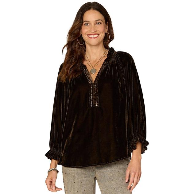 Womens Democracy 3/4 Blouson Sleeve Ruffle Split V Neck Blouse