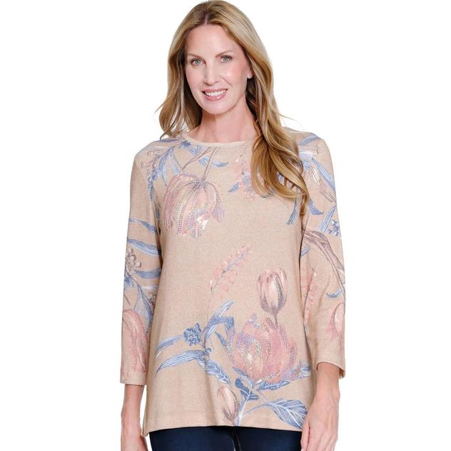 Womens Multiples 3/4 Sleeve Floral Hacci Tee