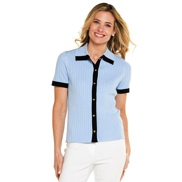 Womens Rio & Rian Short Sleeve Tipped Button Front Sweater