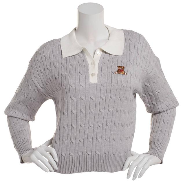 Juniors No Comment Johnny Collar Cable Sweater with Teddy Bear