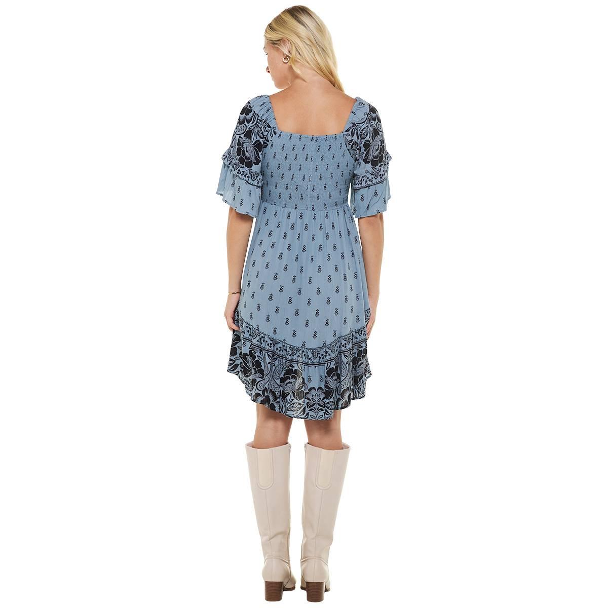 Juniors Angie Ruffle Elbow Sleeve V-Neck Mix Print High Low Dress