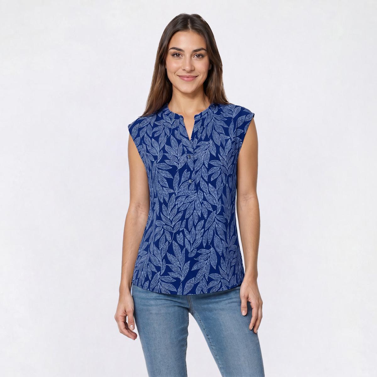 Petite Anne Klein Sleeveless Split Neck Leaf Blouse