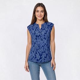 Petite Anne Klein Sleeveless Split Neck Leaf Blouse
