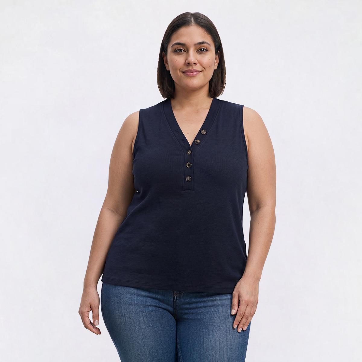 Plus Size Architect(R) Ribbed Button Front Henley Tank Top