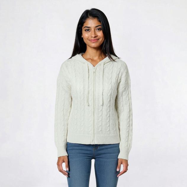 Juniors Pink Rose Cable Zip Hoodie Cardigan