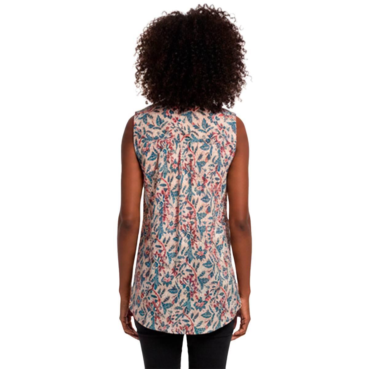 Womens Notations Sleeveless Floral Pleat Split Neck Blouse