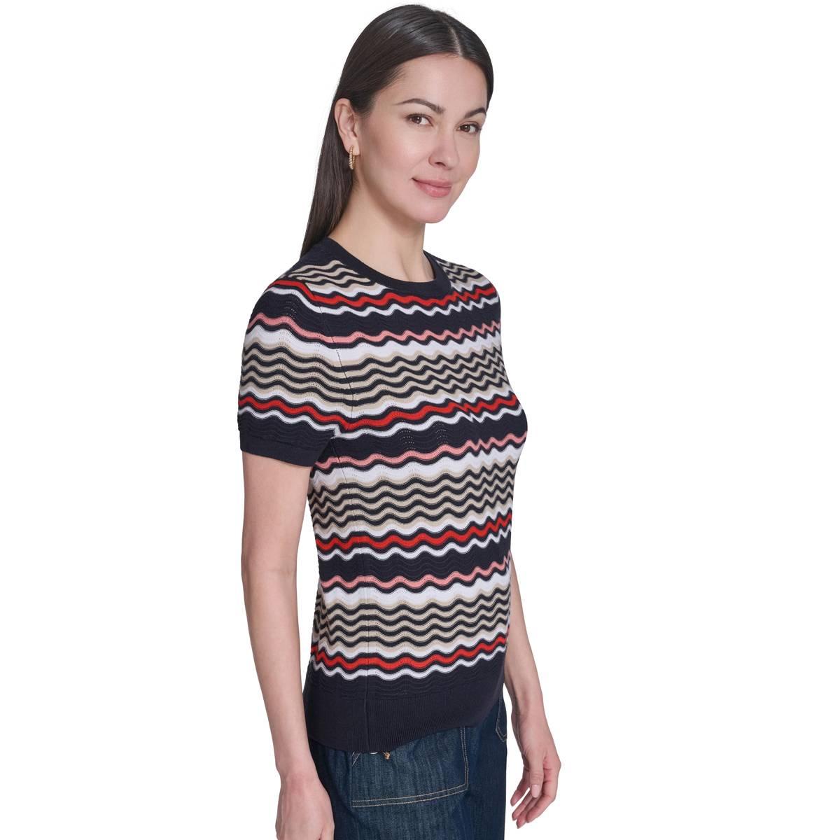 Womens Tommy Hilfiger Short Sleeve Scallop Stripe Sweater