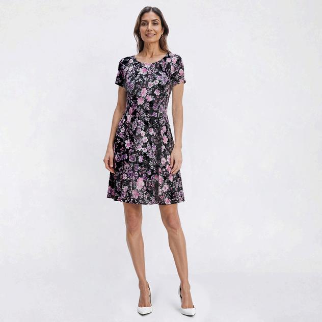 Petite Connected Apparel Short Sleeve Floral Pocket A-Line Dress
