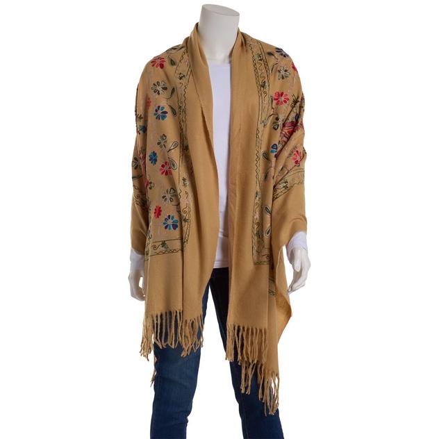 Womens Jessica McClintock Embroidered Shawl with Tassels