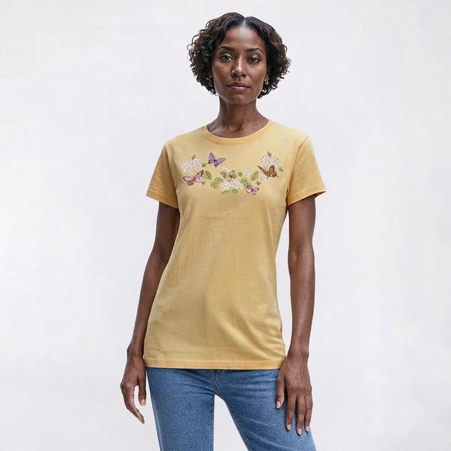 Womens Top Stitch By Morning Sun Butterfly Garden Tee