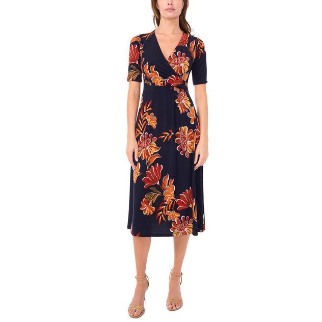 Womens MSK Elbow Sleeve Surplice Neck Floral Midi Dress
