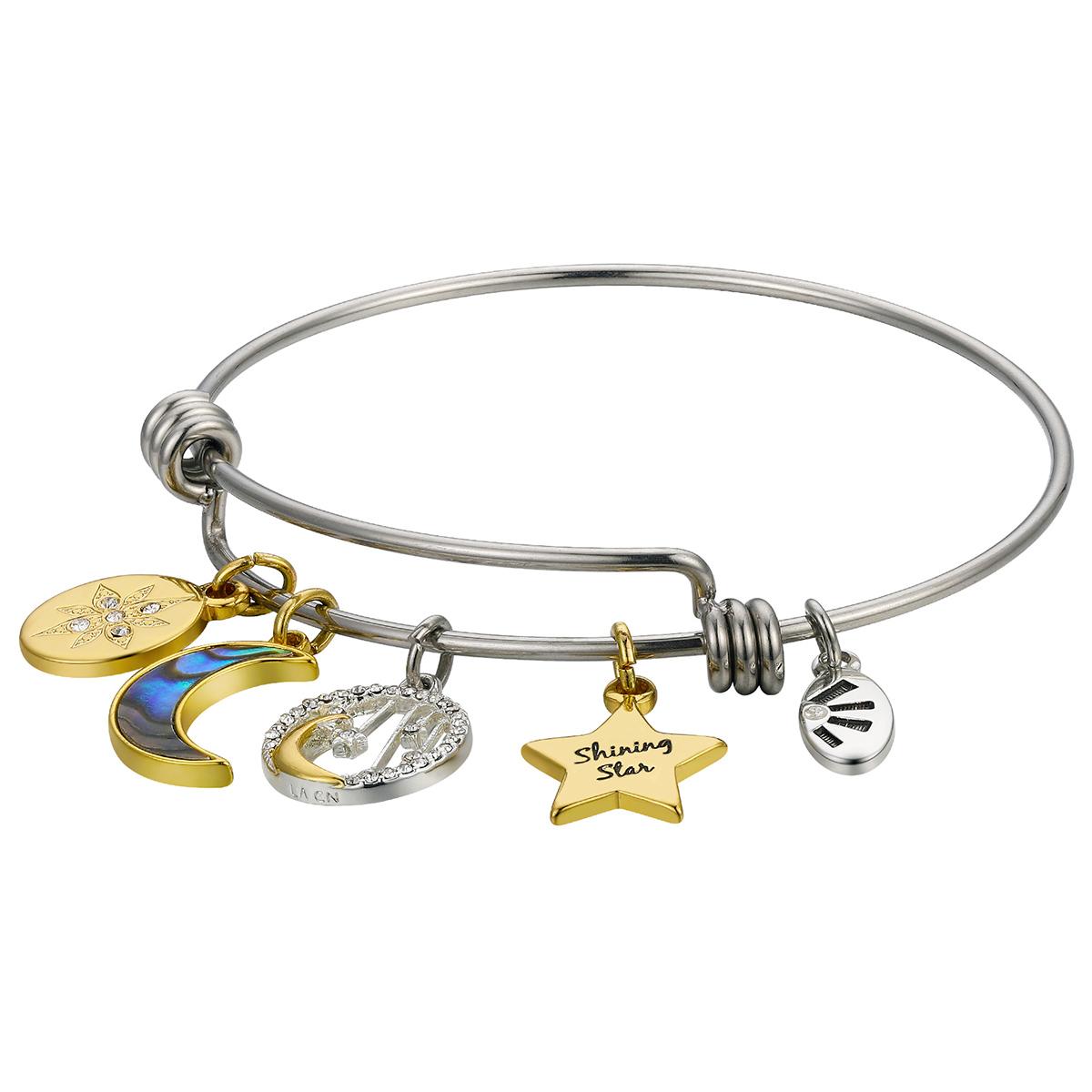 Shine Shining Star Crystal Flower & Abalone Moon Bangle Bracelet