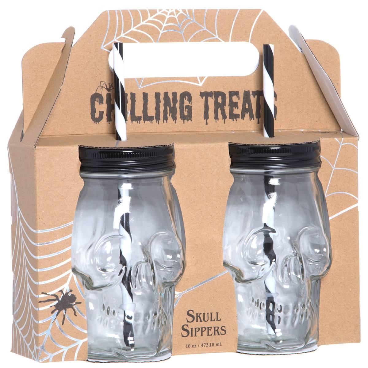 Home Essentials Set of 2 Skull Sippers w/ Straws