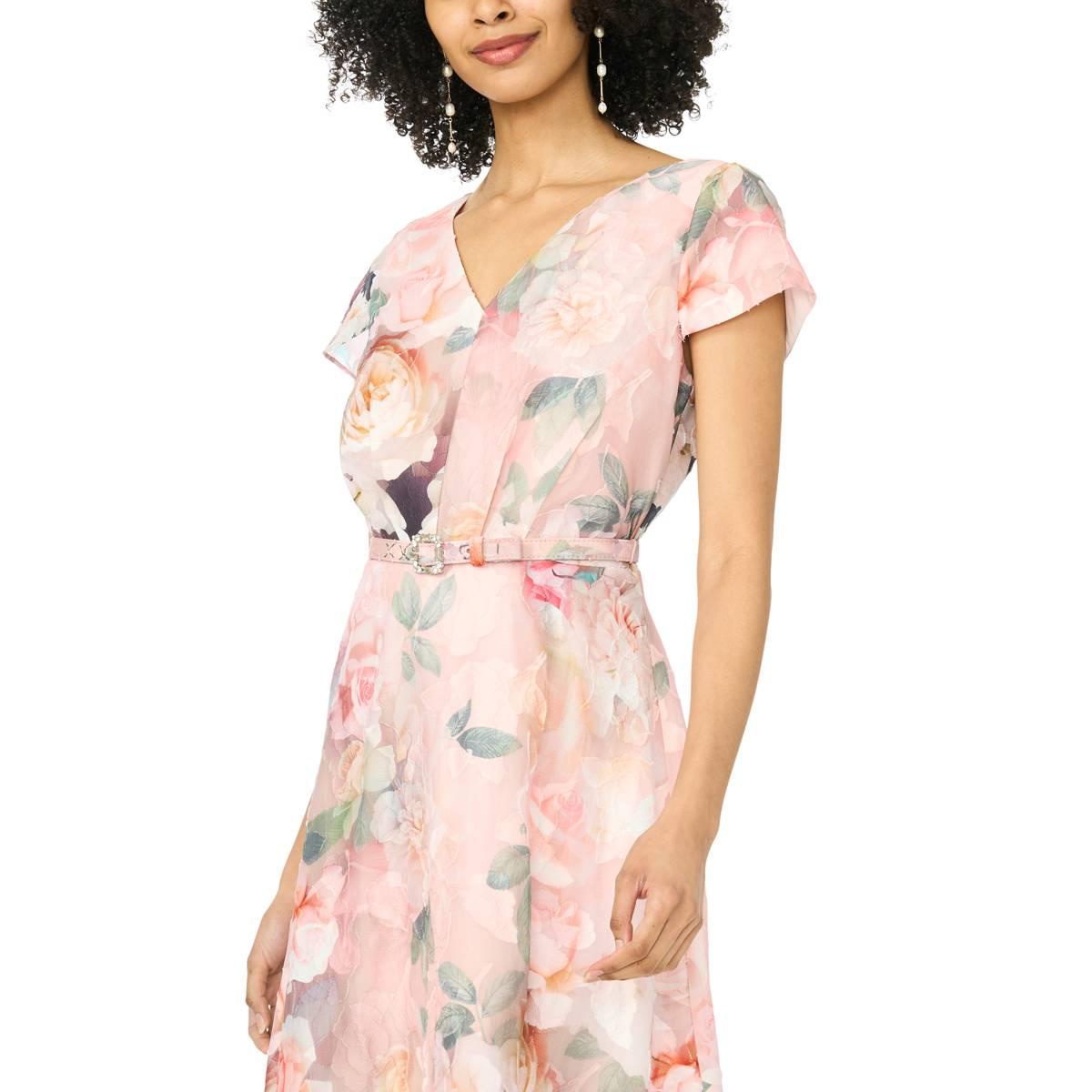 Womens MSK Short Sleeve Belt Waist Floral Midi Dress