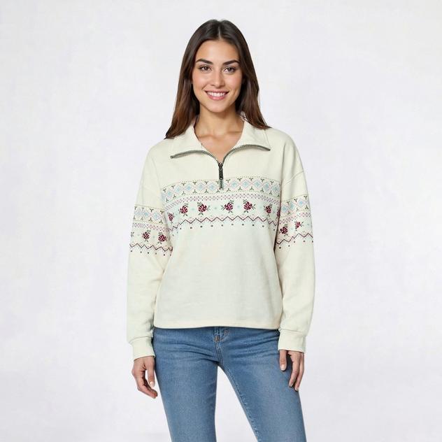 Womens Tru Self Long Sleeve 1/4 Zip Fair Isle Sweatshirt