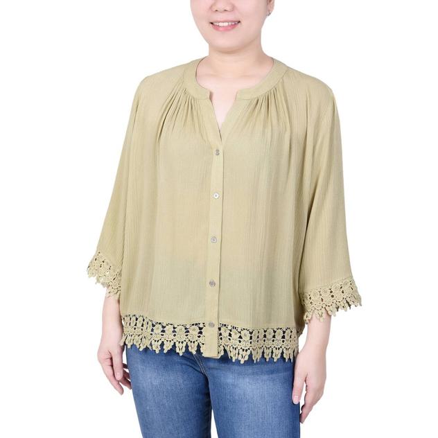 Womens NY Collection 3/4 Sleeve Lace Edge Button Down Blouse
