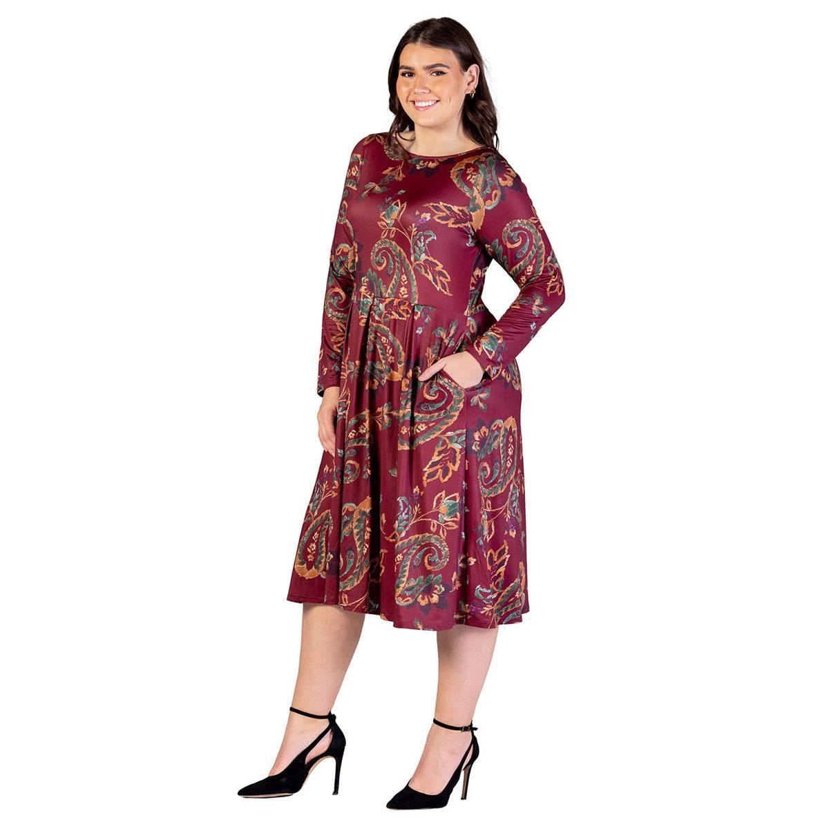 Plus Size 24/7 Comfort Apparel Wine Paisley Midi Pocket Dress