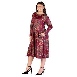 Plus Size 24/7 Comfort Apparel Wine Paisley Midi Pocket Dress