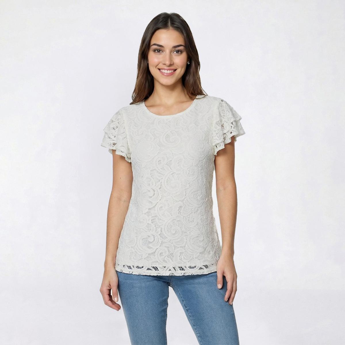 Womens Adrianna Papell Cap Flutter Sleeve Paisley Lace Blouse