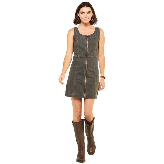 Womens Bebe Sleeveless Denim Square Neck Full Zip A-Line Dress