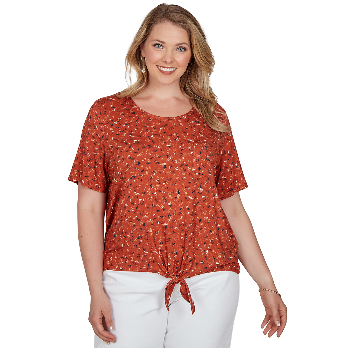 Plus Size Emaline Key Items Short Sleeve Abstract Tie Hem Blouse