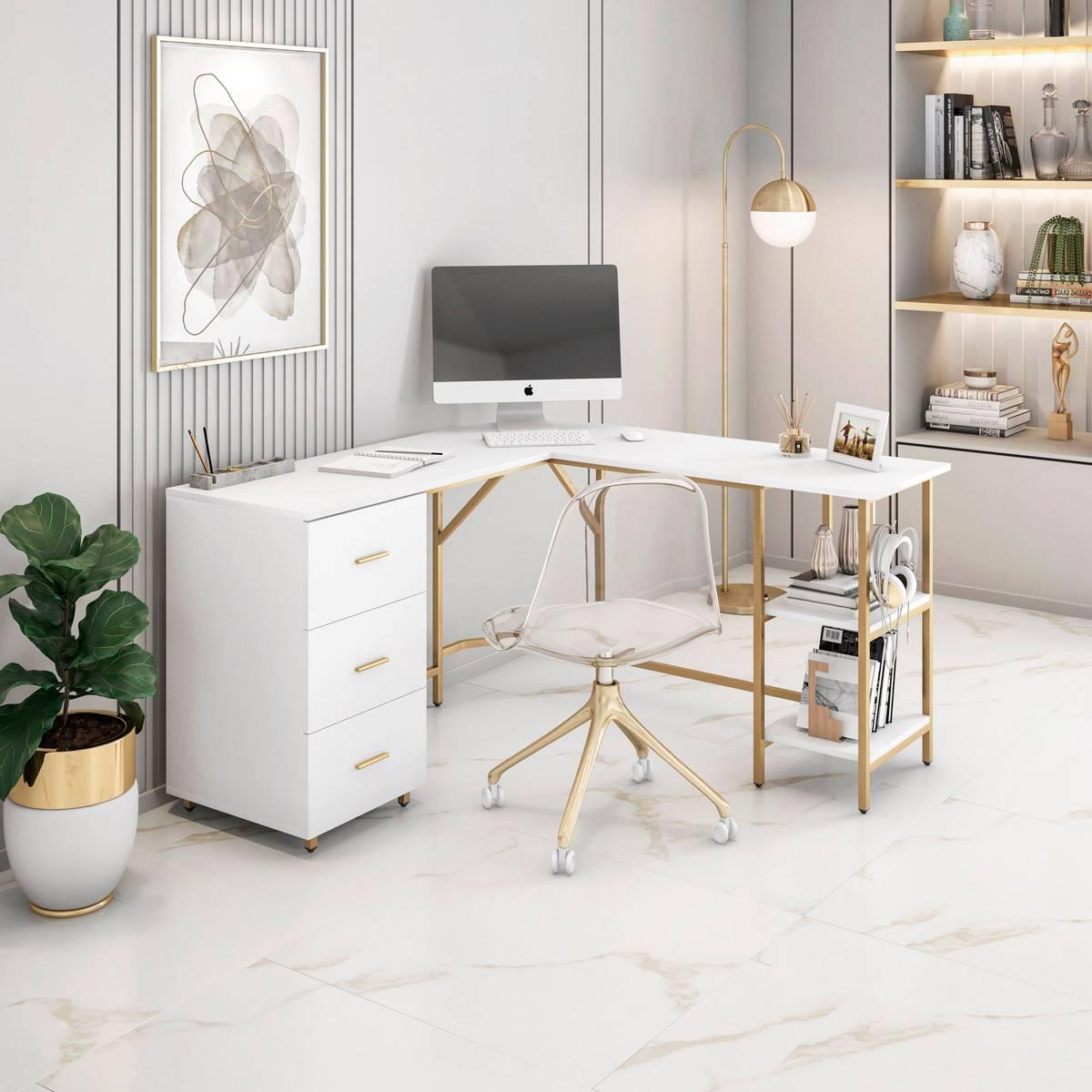 Techni Mobili L-Shape Home Office Two-Tone Desk w/ Storage