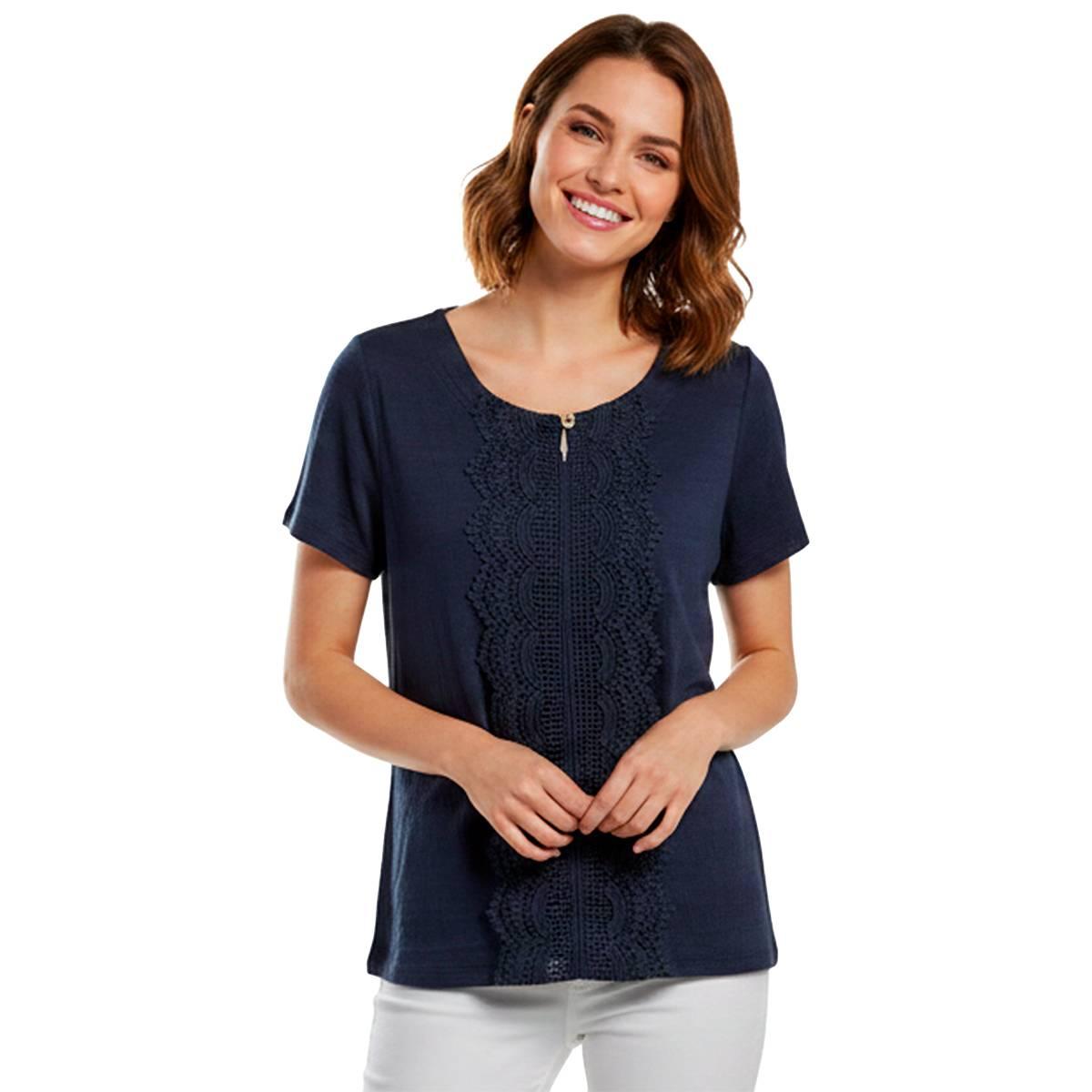 Womens Thomas & Oliva Short Sleeve Keyhole Neck Lace Trim Blouse