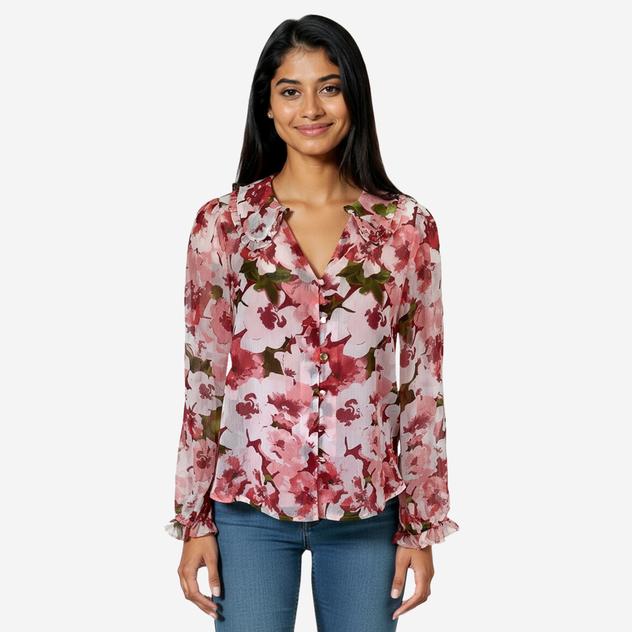 Juniors. A. Byer Long Sleeve Floral Ruffle Collar Blouse