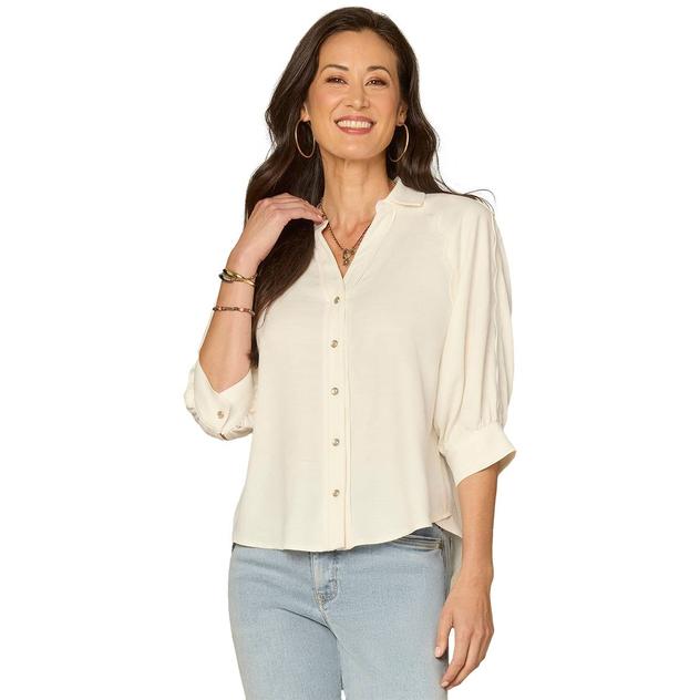 Petite Democracy Elbow Sleeve Snap Front Woven Blouse