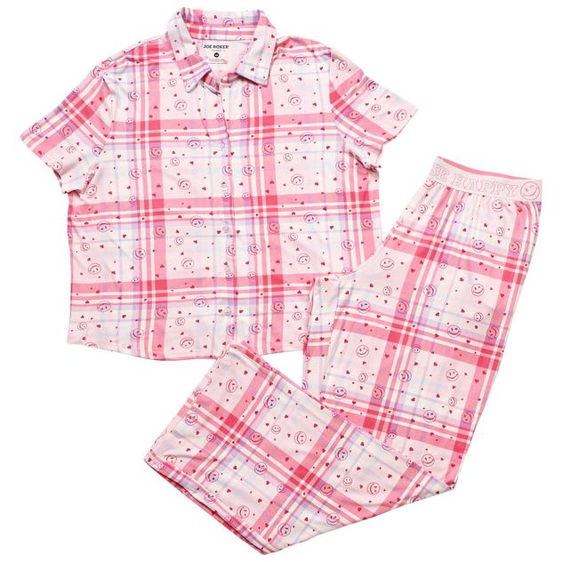 Womens Joe Boxer Plaid Spread Collar Logo Waist Pajama Set - Pink