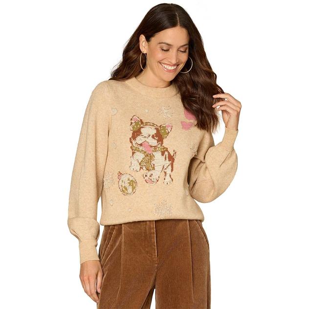 Womens Democracy Long Sleeve Crew Neck Holiday Dog Sweater