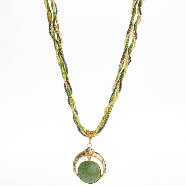 Ashley Cooper™ Braid Cord Necklace w/ Metal Pendant/Emerald Stone