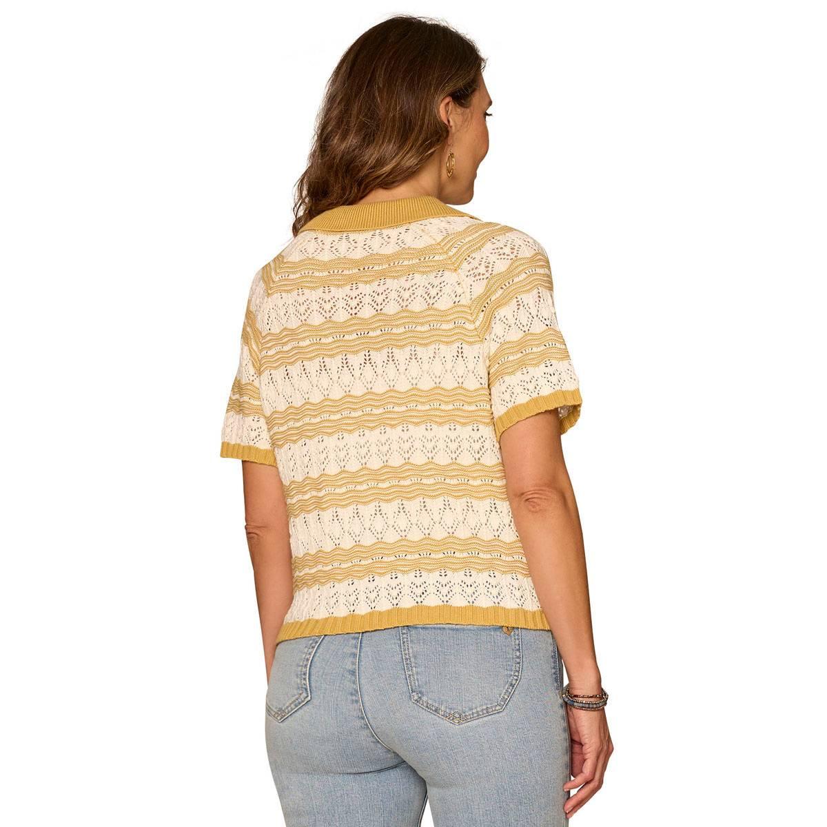 Womens Democracy Short Sleeve Stripe Stitch Polo Sweater