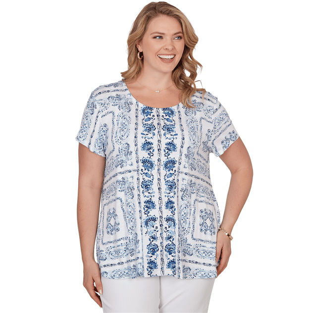 Plus Size Ruby Rd. French Riviera Short Sleeve Floral Blouse