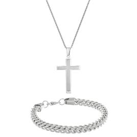 Mens Lynx Stainless Cross Pendant & Foxtail Chain Bracelet Set