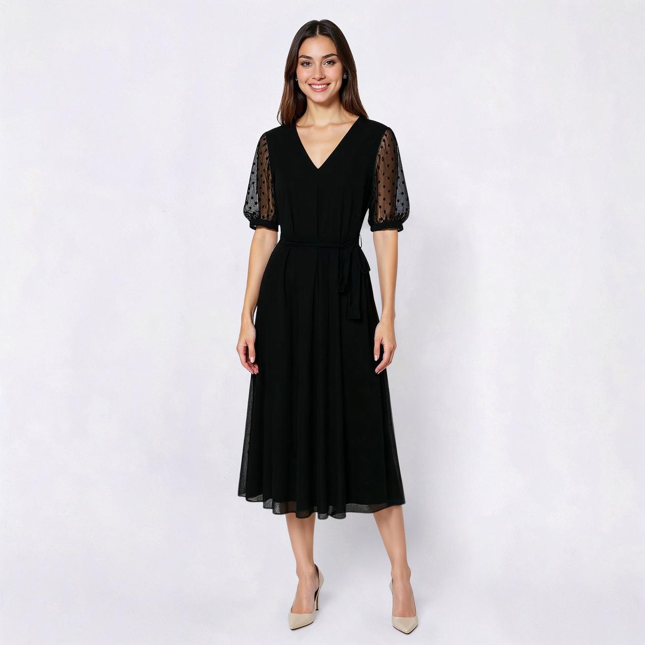Womens MSK Short Semi Sheer Dot Sleeve V Neck A-Line Dress