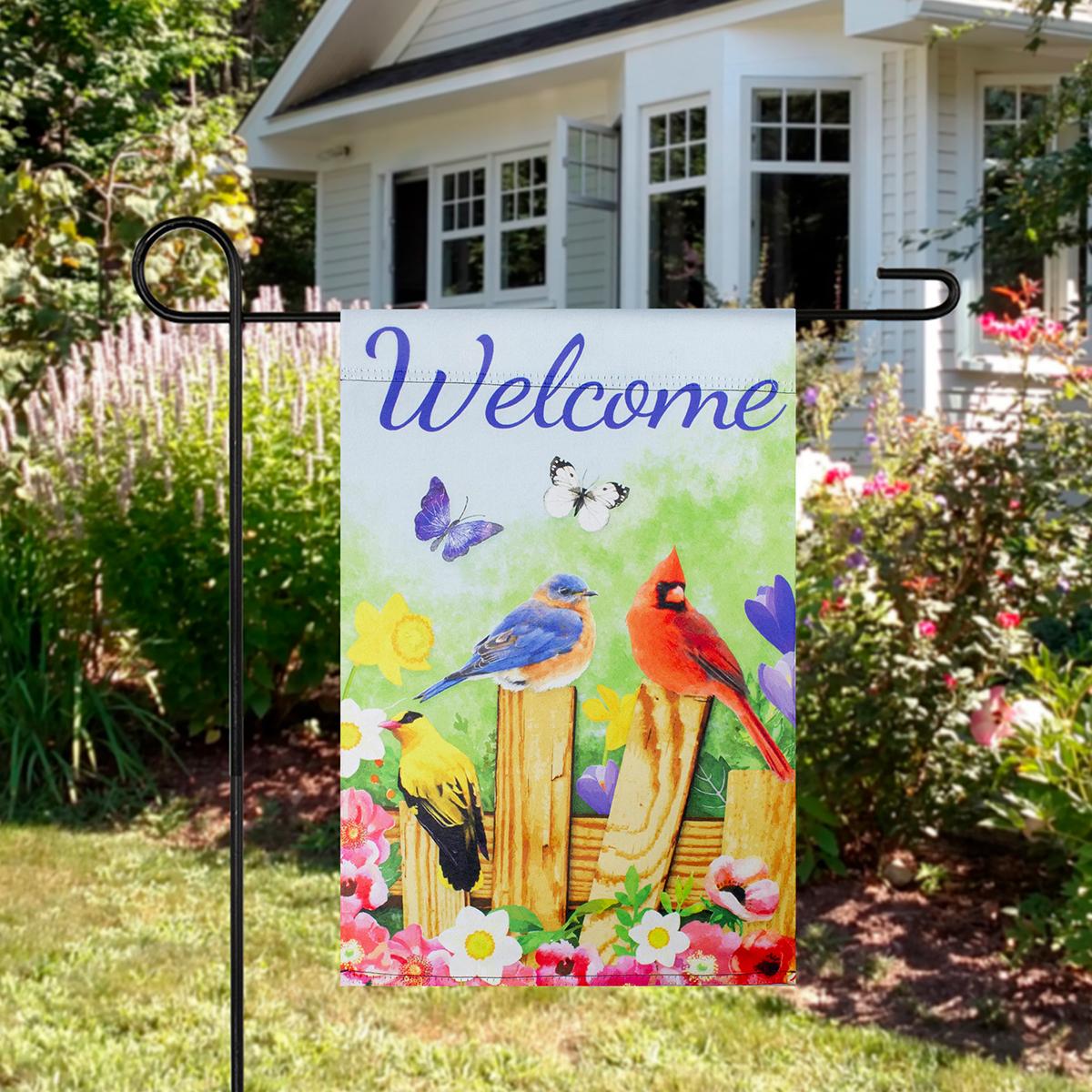 Northlight Seasonal Welcome Birds on a Fence Garden Flag