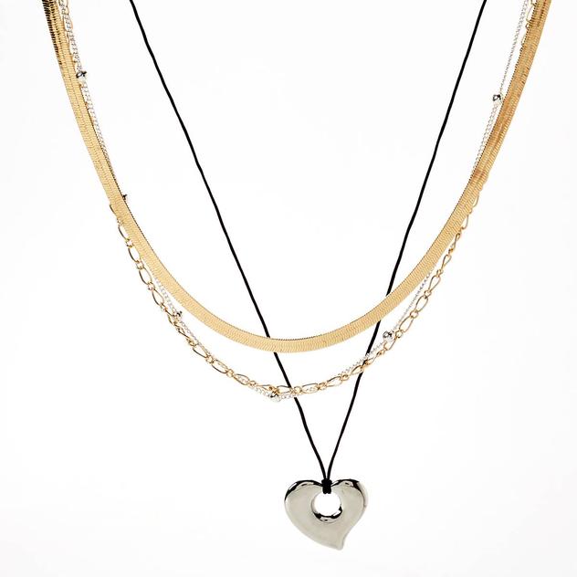 Ashley Layered Mixed Chain & Cord Heart Pendant Necklace