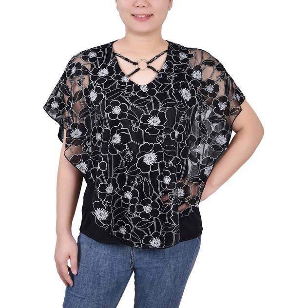 Womens NY Collection Floral Burnout Poncho Blouse - Black