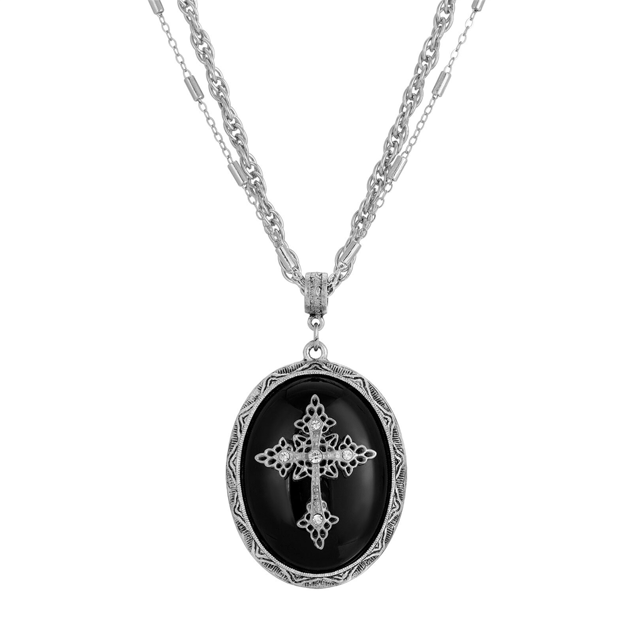 Symbols of Faith Black Pewter Cross Oval Semi-Precious Necklace