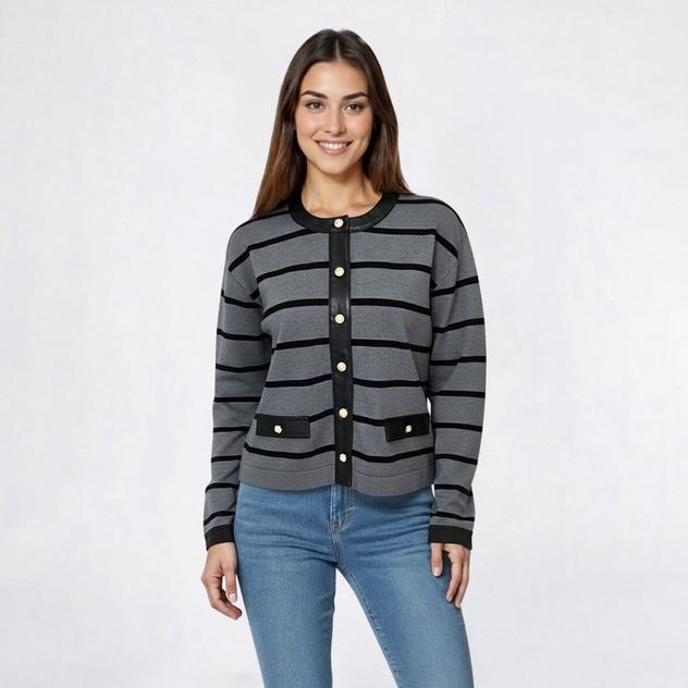 Womens Nanette Lepore Faux Leather Detail Stripe Cardigan